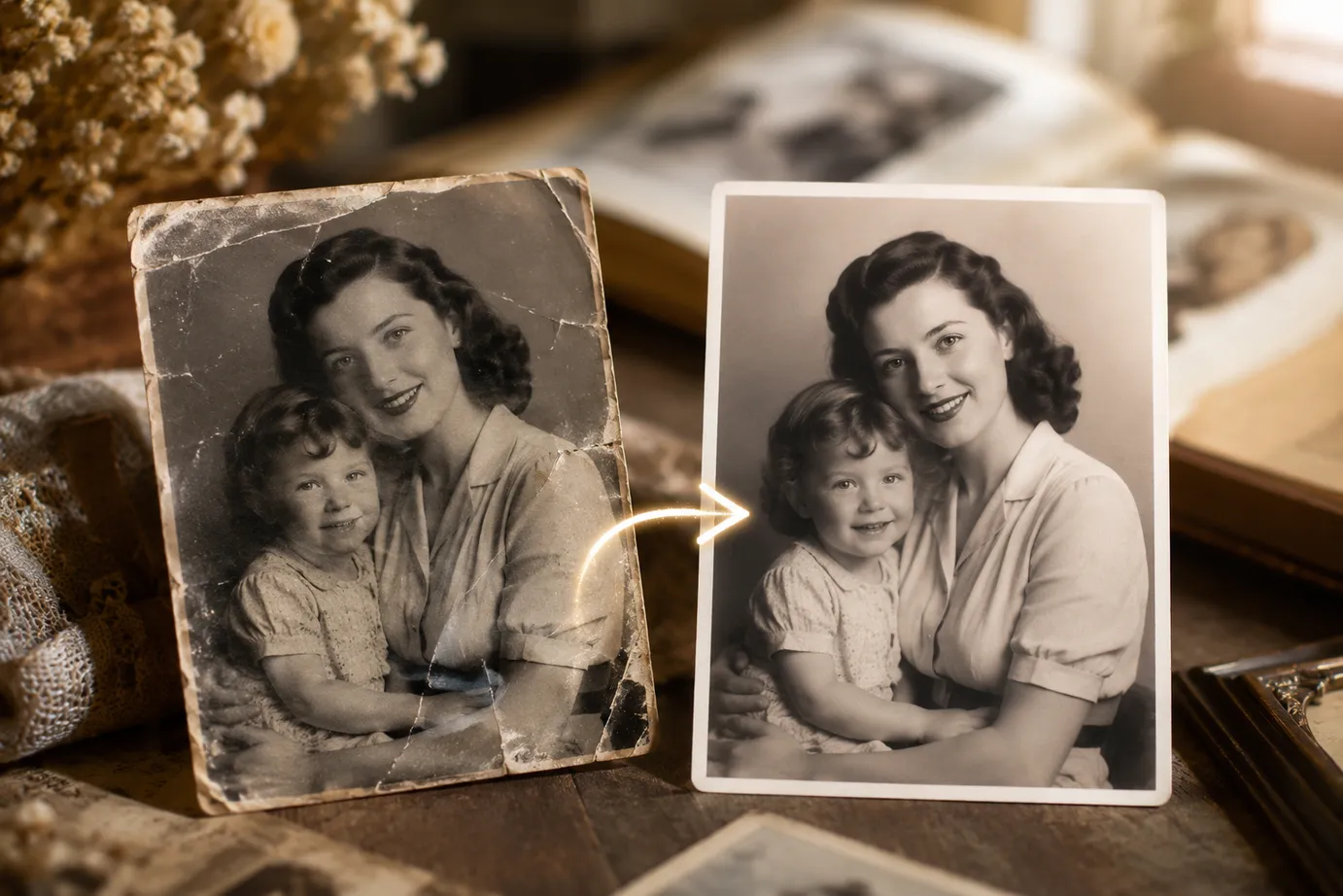 Old damaged photo restored with Mixinflow