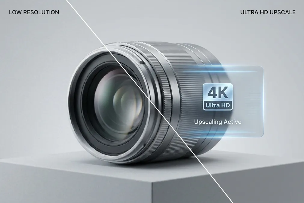 A Mixinflow preview showing a low-resolution image enhanced with AI upscaling.